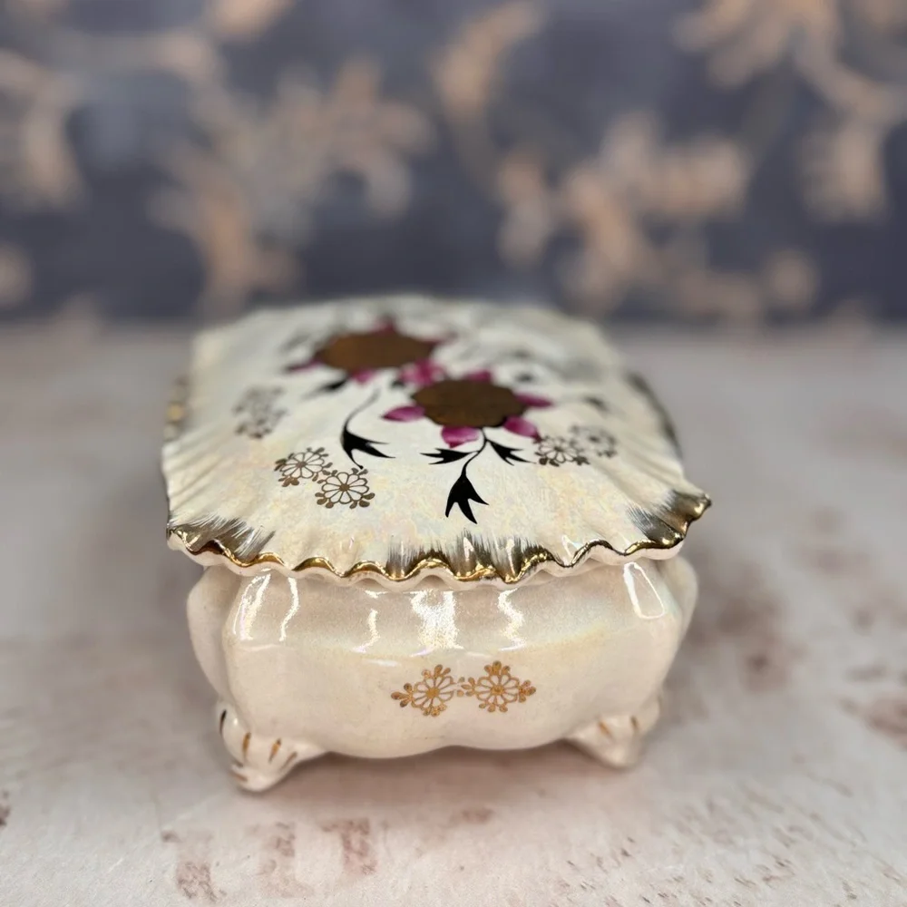 Vintage Japanese Hand-Painted Porcelain Trinket Box Floral Iridescent